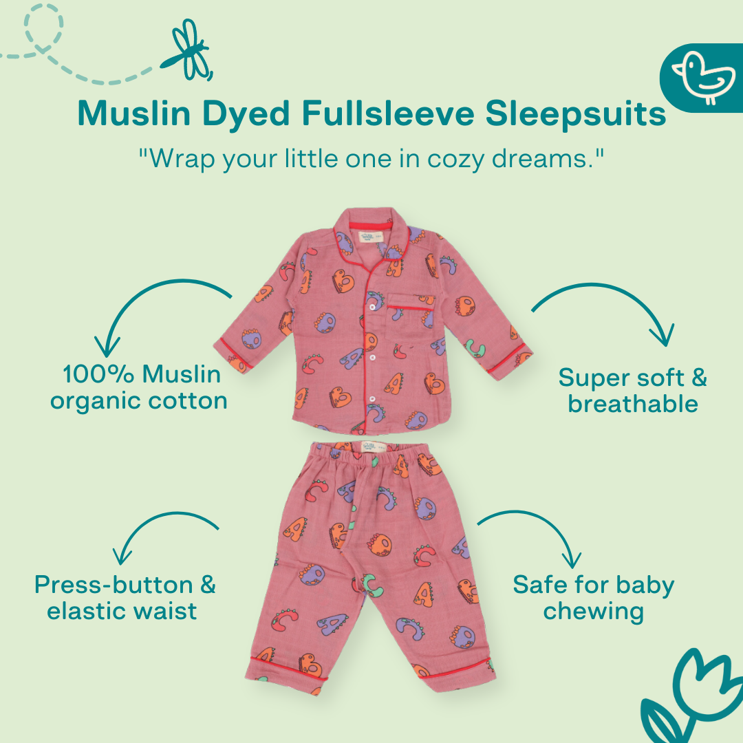 Alpha Dino - Muslin Full Sleeve Sleep Suit for babies and kids (Unisex)