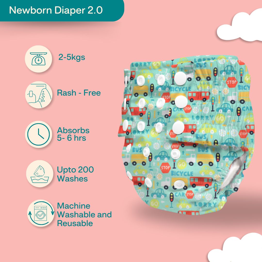 Newborn Cloth Diaper 2.0 with 1 cotton Insert (2 kg - 5 kg)