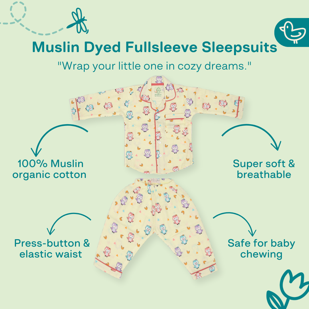 Happy Owl - Muslin Full Sleeve Sleep Suit for babies and kids (Unisex)