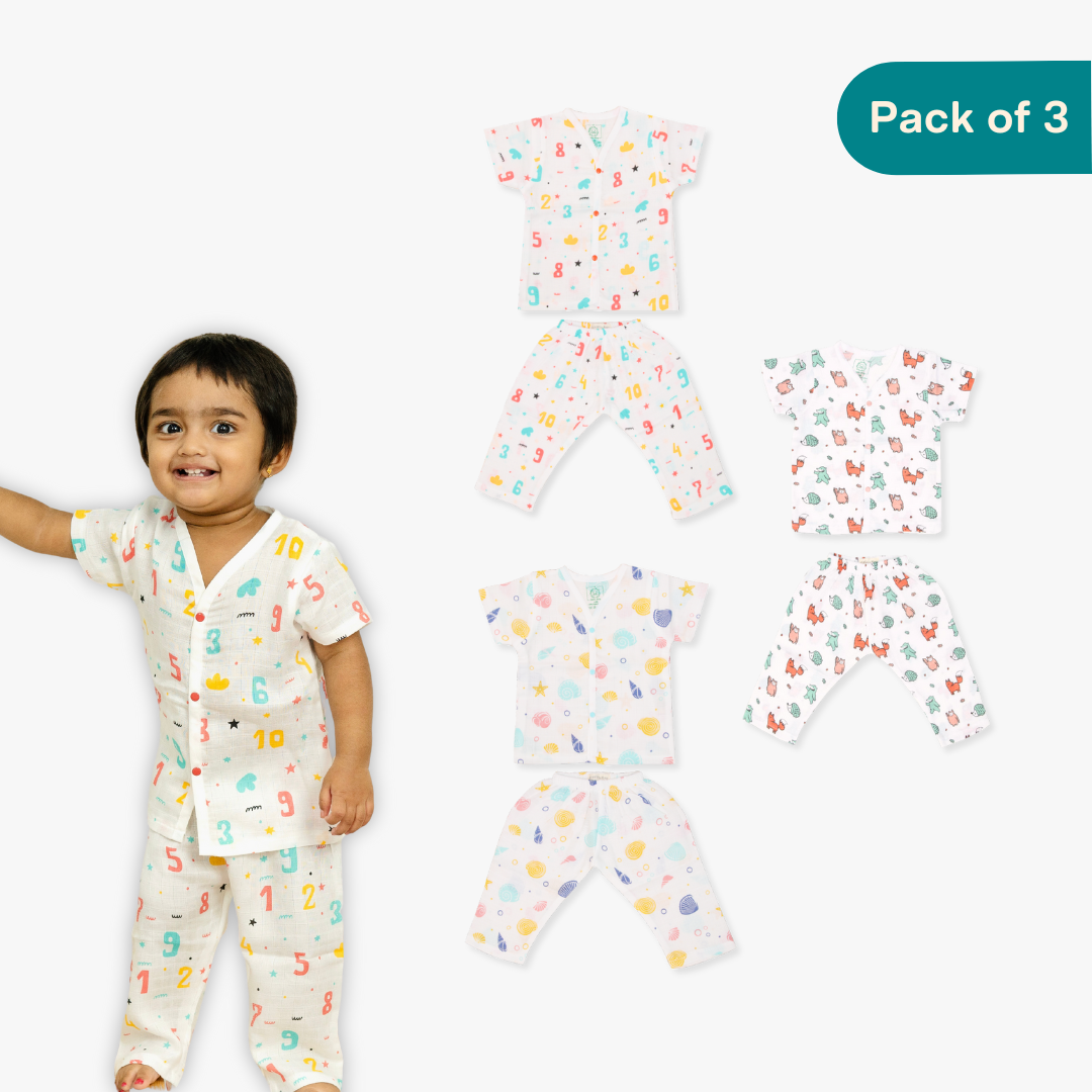 Shells & Tails (Pack of 3) - Muslin Sleep Suit for babies and kids (Unisex)