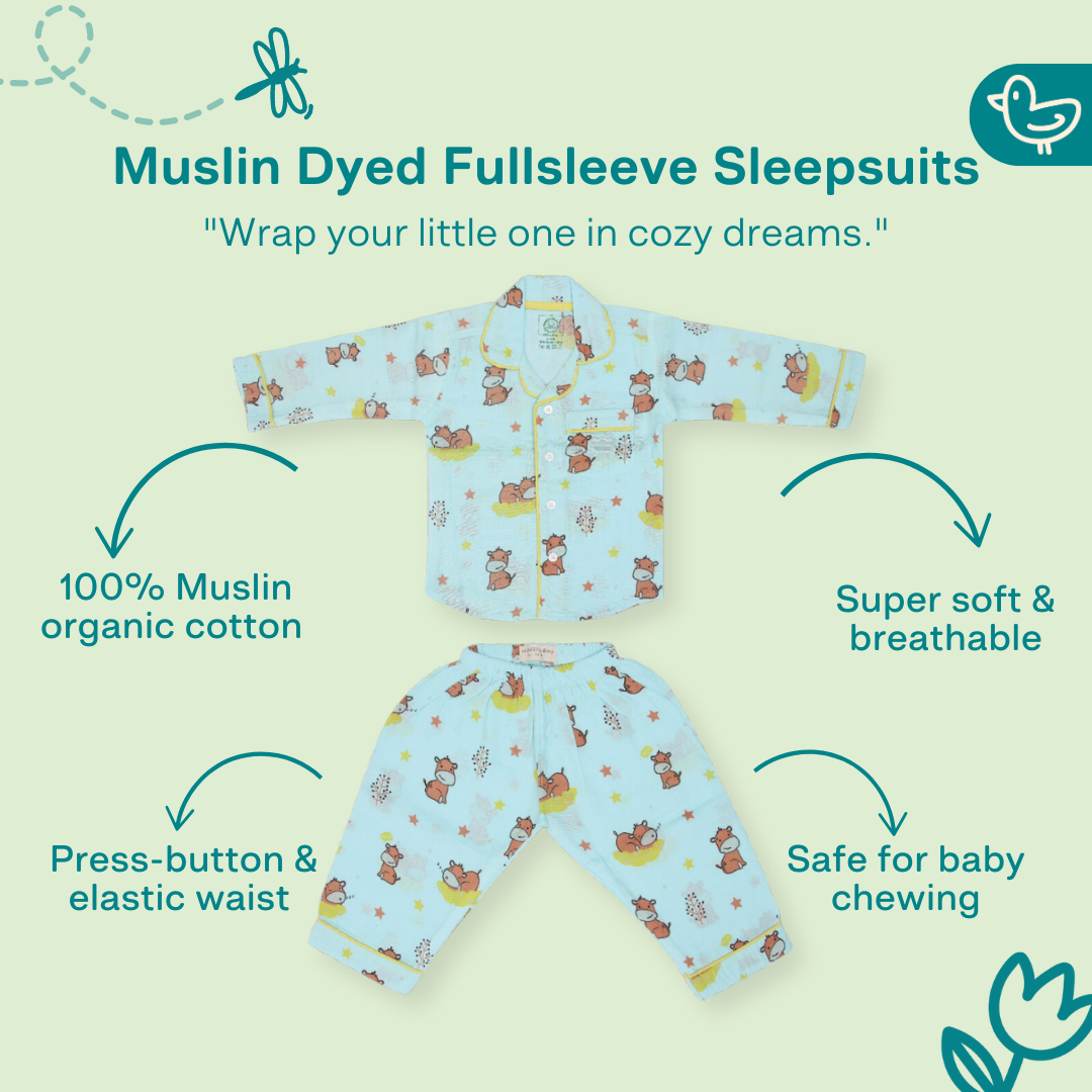 Sleepy Hippo - Muslin Full Sleeve Sleep Suit for babies and kids (Unisex)