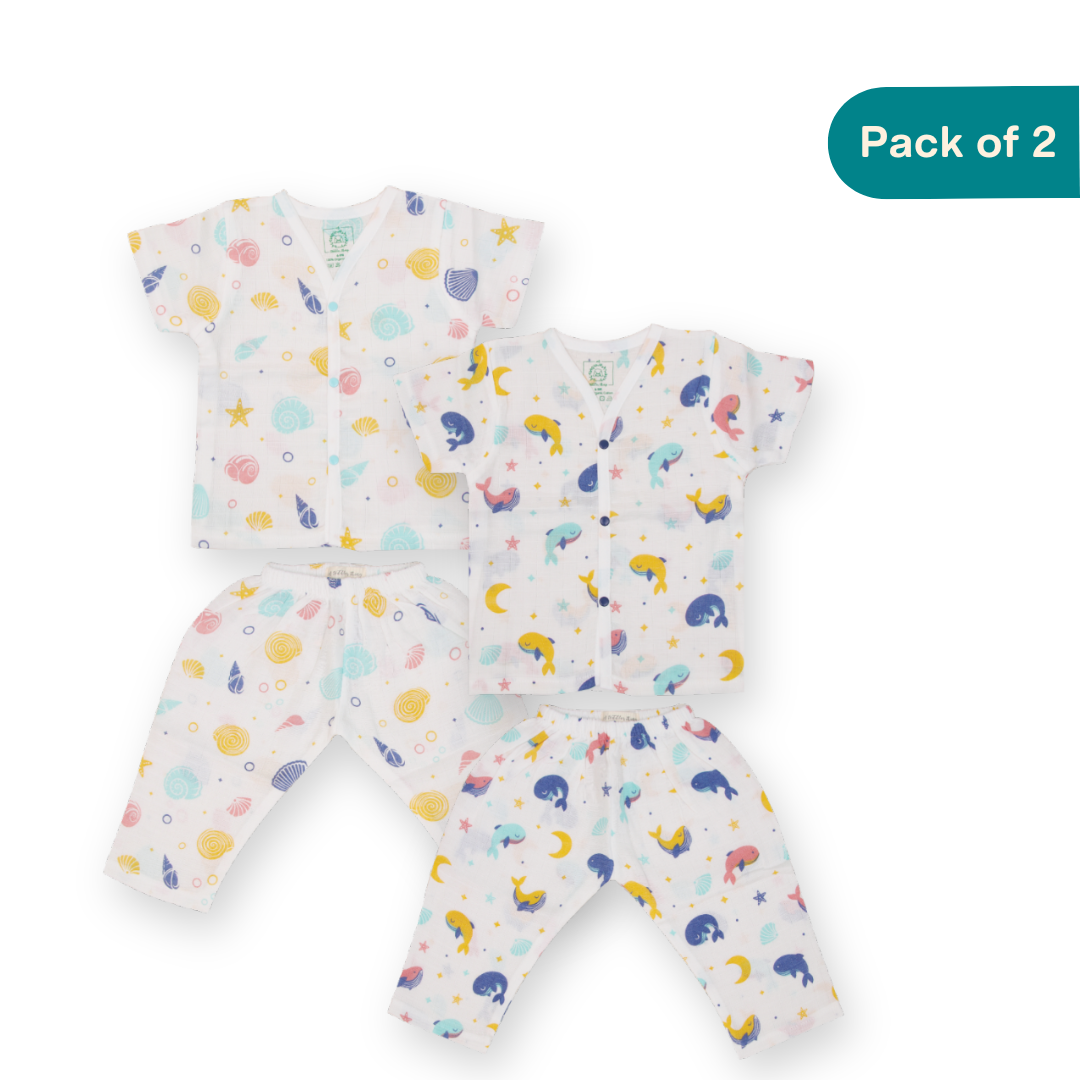 Whale Shell Dreams (Pack of 2) - Muslin Sleep Suit for babies and kids (Unisex)