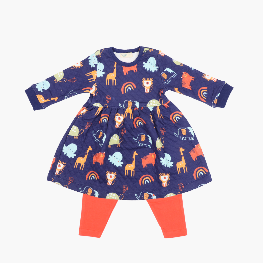 Cuddle Monster - Quilted Full sleeve Frock and pants for girls