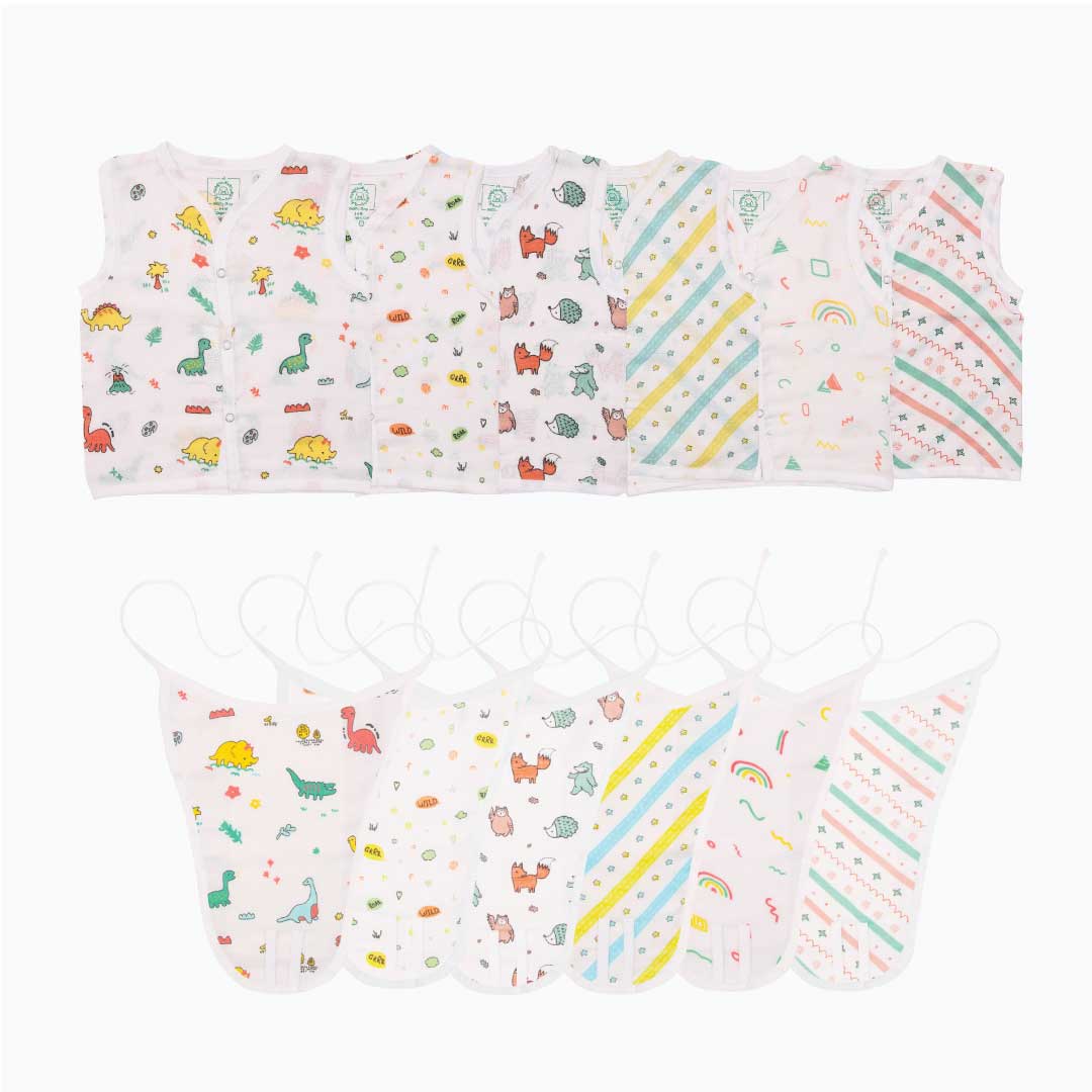 Muslin Matching Jablas and Nappies (6 + 6 Nappies) - Pack of 12 (Button and Knot)